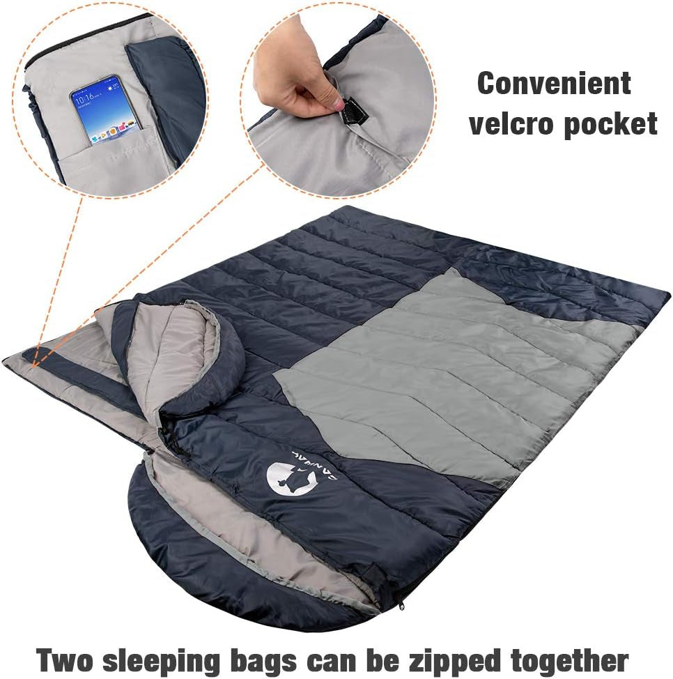 Double Sleeping Bag,2 Person Sleeping Bag Lightweight Waterproof with 2 Pillows for Camping, Backpacking, or Hiking for Adults or Teens Queen Size XL & XXL