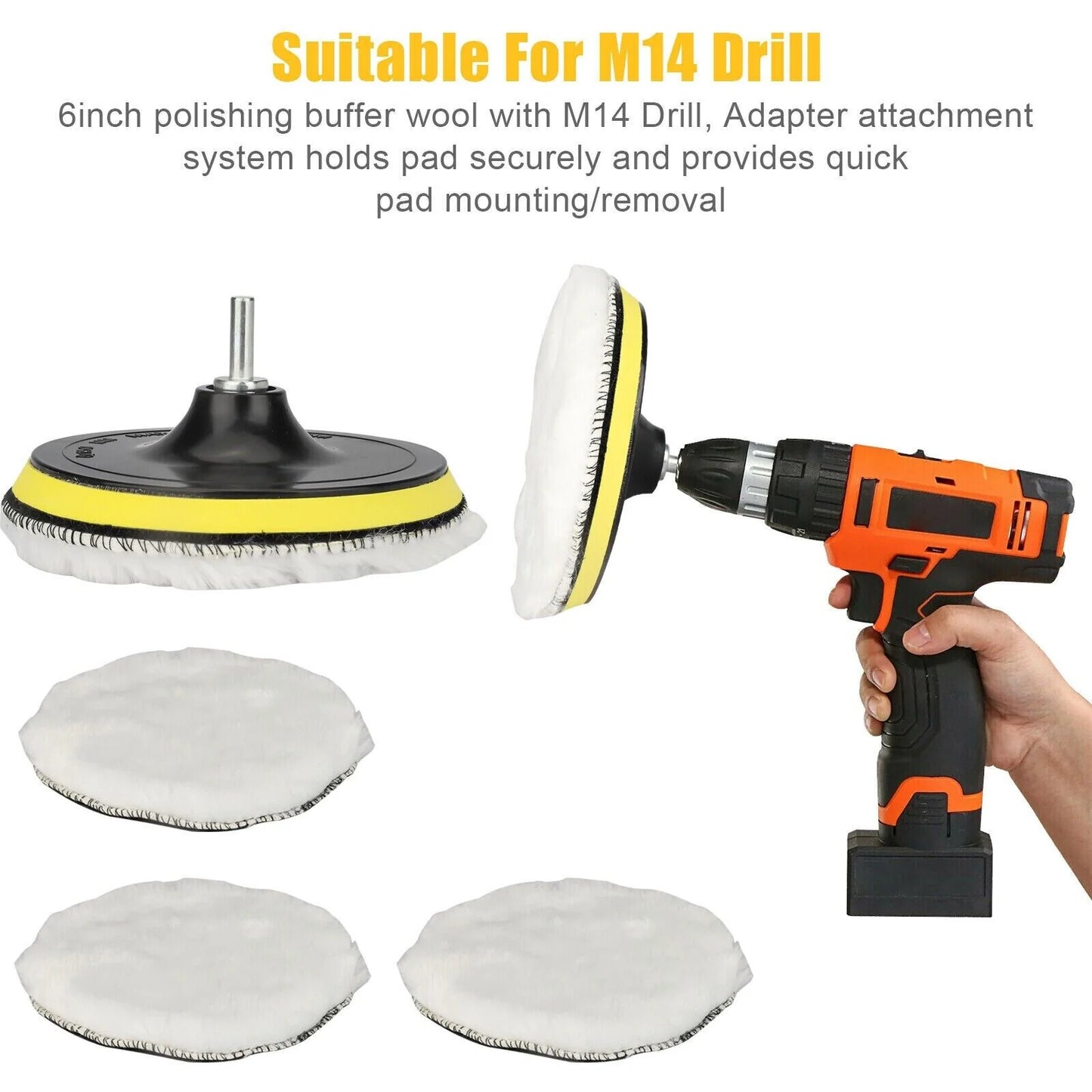 5PCS 6" Buffing Polishing Pad Wool Wheel Mop Kit for Car Polisher Drill Adapter