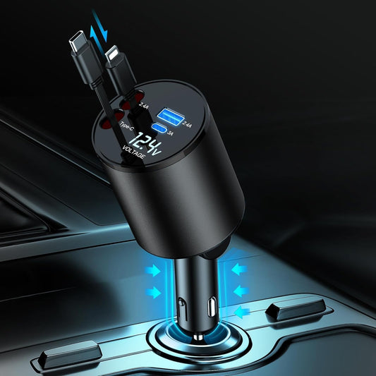 Retractable Car Charger, 4 in 1 Super Fast Car Phone Charger 60W, 2 Retractable Cables and 2 USB Ports Car Charger Adapter,Compatible with Iphone 16/15/14/13/12/11,Air-Pods 4,Galaxy,Pixel