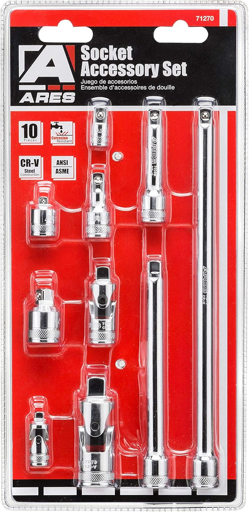 71270-10-Piece Socket Accessory Set - Premium Chrome Vanadium Steel with Mirror Finish - Includes Socket Adapters, Extensions and Universal Joints