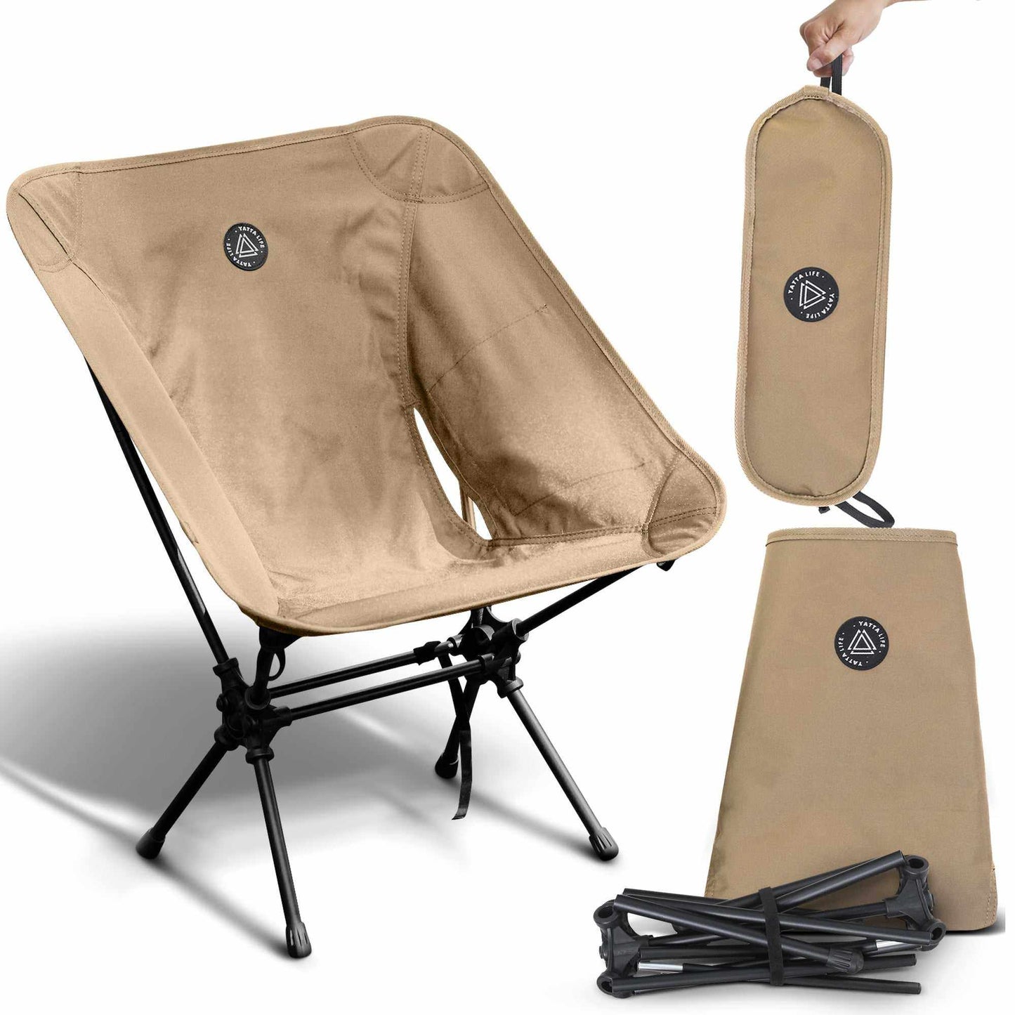 Low Back Ultralight Folding Camping Chairs with Storage Pouch - Khaki