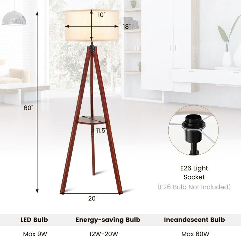 Tripod Floor Lamp Wood Standing Lamp with Flaxen Lamp Shade and E26 Lamp Base