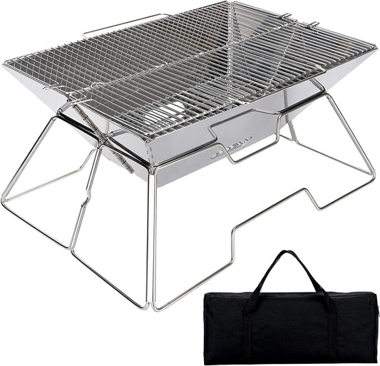 Folding Campfire Grill, Camping Fire Pit, Outdoor Wood Stove Burner, Folding Compact 304 Premium Stainless Steel, Portable Camping Grill with Carrying Bag for outside Picnic Home BBQ