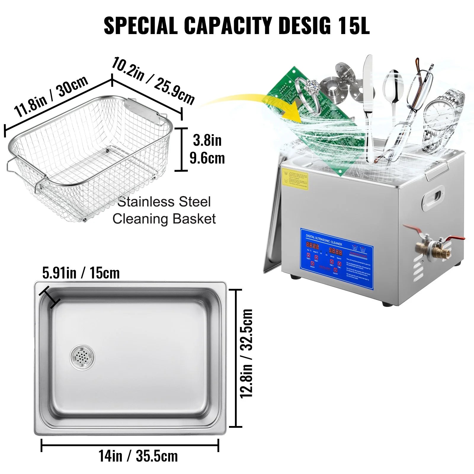 VEVOR 15L Professional Ultrasonic Cleaner 40Khz Advanced Ultrasonic Cleaner 110V 