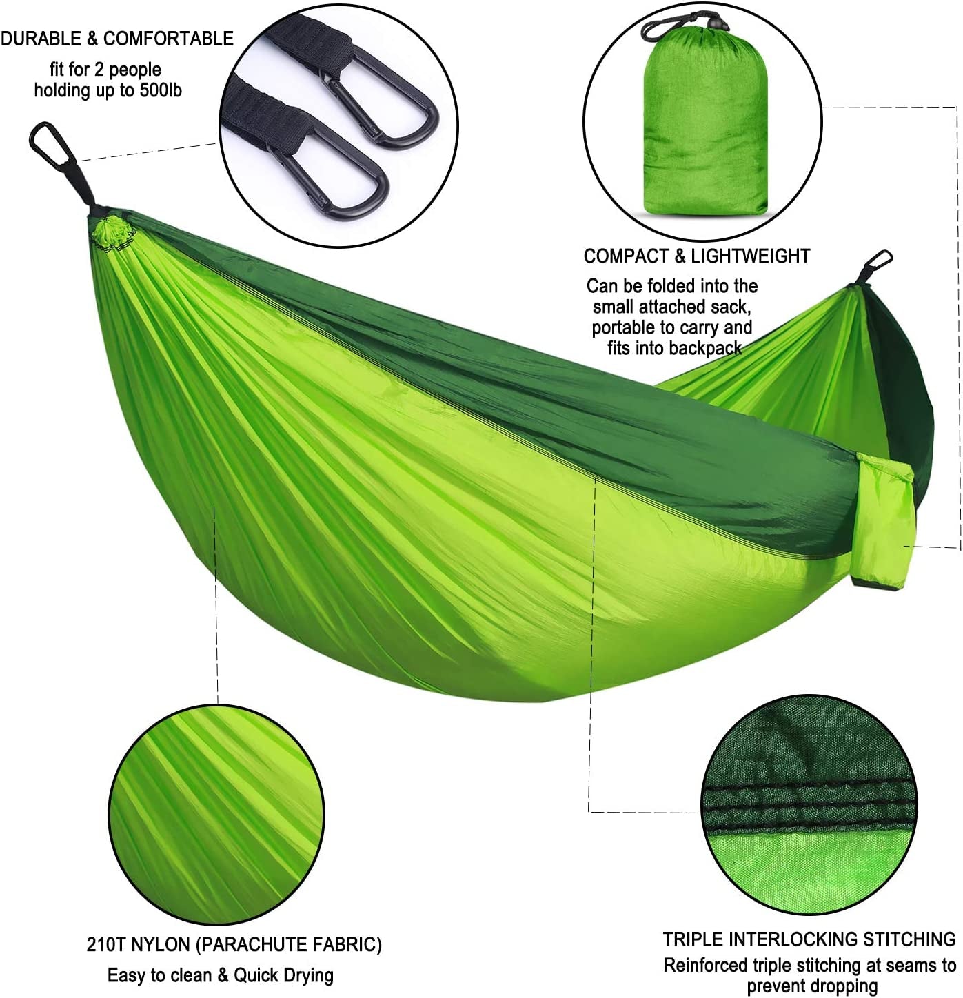 Double Camping Hammock Lightweight Parachute Nylon | Portable Hammocks with Tree Straps | Hammock 2 Person Heavy Duty | Hammock Backpacking for Camping, Backyard, Hiking, Beach